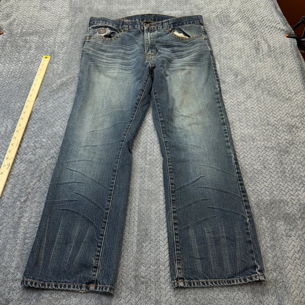 TM Exposure Jeans Mens 38x29 Blue Denim Y2K Fleur De Lis‎ Streetwear Rivets